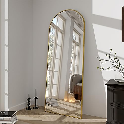 Image of BEAUTYPEAK 64 inchx21 inch Arch Floor Mirror, Full Length Wall Hanging or Leaning Arched-Top Full Body Mirror with Stand for Bedroom, Dressing Room, Gold