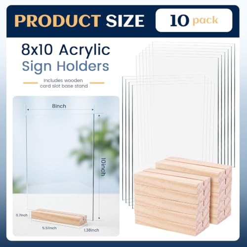 Image of Bercoor 10 Pack 8x10 Inch Blank Clear Acrylic Sign with Wooden Stands, Rectangle Top Acrylic Sheet, DIY Acrylic Rectangle Table Numbers for DIY Name Card Gifts Event Party Sign Decoration