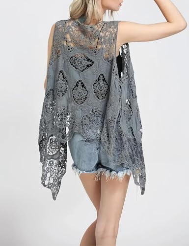 Image of Women's Floral Crochet Vest Hollow Out Open Front Vintage Boho Lace Button Sleeveless Crochet Cardigan