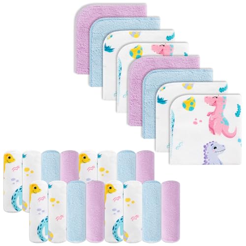 Image of Baby Washcloths, 24Pack Baby Wash Cloths Extra Soft & Ultra Absorbent, Baby Towels and Washcloths Face Towels for Unisex Boys Girls Body, Washclothes Gentle on Sensitive Skin, 9x9 Purple Dinosaur