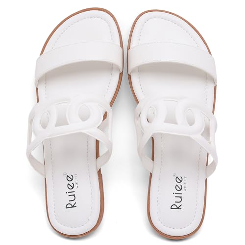 Image of Ruiee Wide Width Sandals for Women, Summer Flat Slides Casual Braided Wide Feet Sandal Comfort Slip on Sandals Open Toe Beach Shoes for Women.
