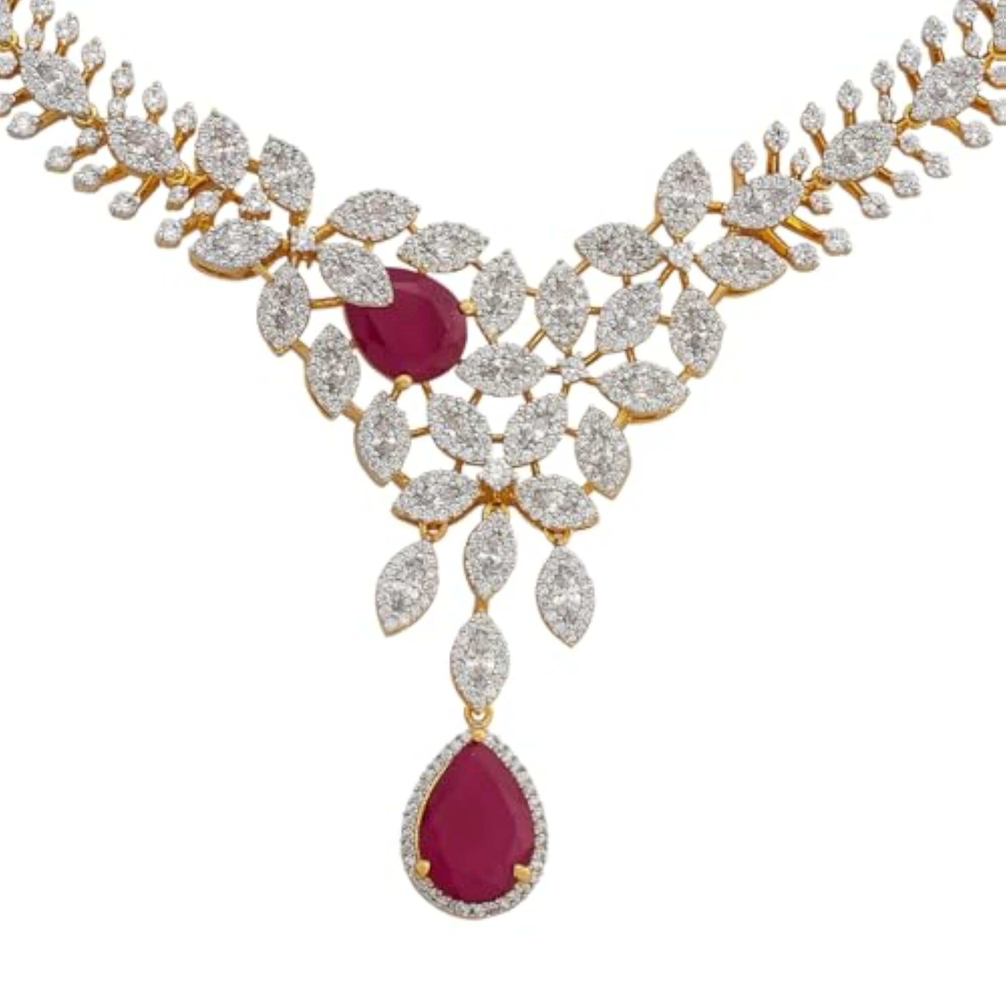 Women's Ruby Rodium-Gold Polished Copper Zircon Necklace with Earrings