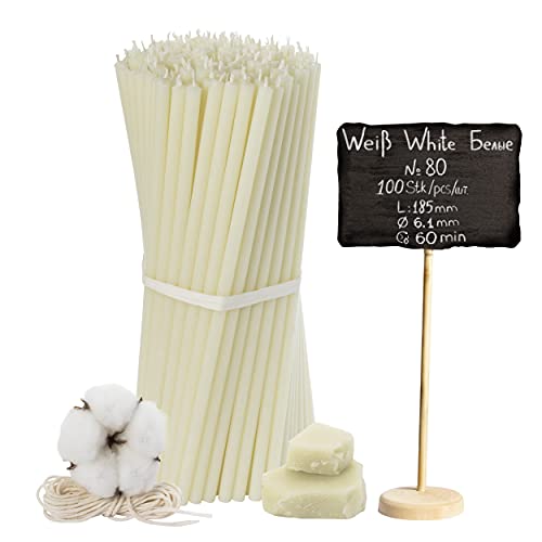 Velas blancas de cera de abeja de cera fina y quema limpia, 100 unidades tradicionales de 18,5 cm