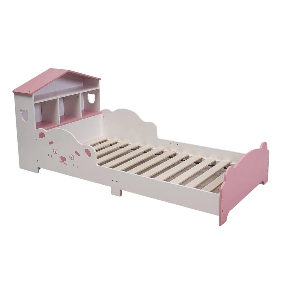 URBNLIVING Wooden Toddler Bed with Integrated Bookshelf Storage – Junior Kids Bed Frame with Built-in Bookcase for Bedroom Organisation (PINK)