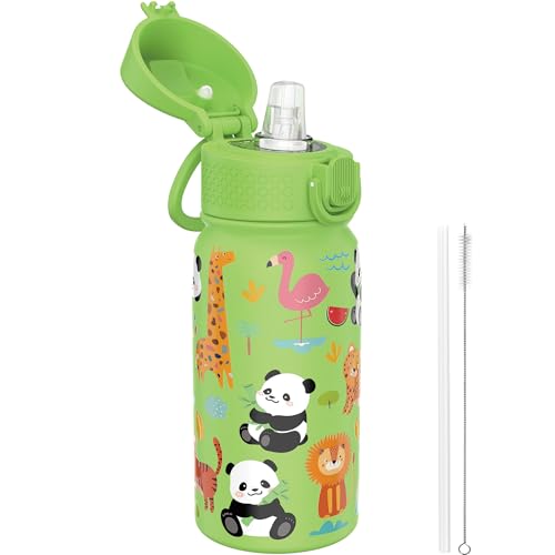 Image of GOPPUS 350ml/12oz Kids Stainless Steel Water Bottle with Straw Toddler Drinks Bottle with Handle Small Insulated Bottles for Girls Boys School Cold Metal Flask with Flip Top Lid BPA Free (Green Panda)