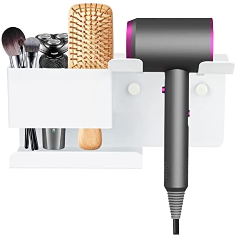 Hair Dryer Holder Wall Mounted, SHAIDOJIO Blow Dryer Holder for Bathroom, Aluminum Alloy Hair Dryer Rack, Muti-Function Hair Tool Organizer with Plug Hook (White) Cover