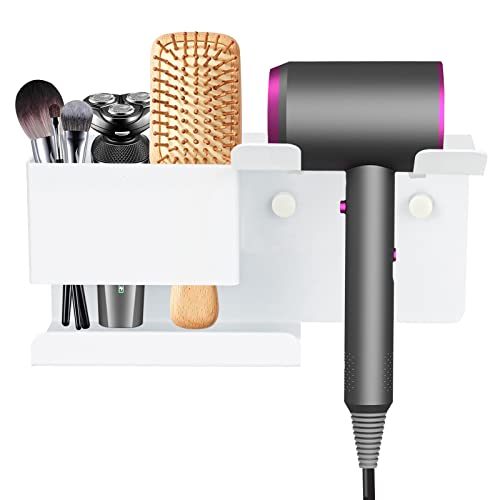 Hair Dryer Holder Wall Mounted, Shaidojio Blow Dryer Holder For Bathroom, Aluminum Alloy Hair Dryer Rack, Muti-Function Hair Tool Organizer With Plug Hook (White) #TOP2