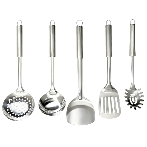 Juego De 5 Piezas Utensilios De Cocina Acero Inoxidable Espatula Cocina Espumadera Acero Inoxidable Cuchara Sopera, Espumadera, EspáTula Para FreíR, EspáTula SóLida Para Wok, Cuchara Para Pasta