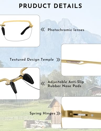 Image of BIRCEN Mens Metal Photochromic Sunglasses: UV Protection Al-Mg Sun Glasses Ultra-light Rimless Shades for Driving Cycling