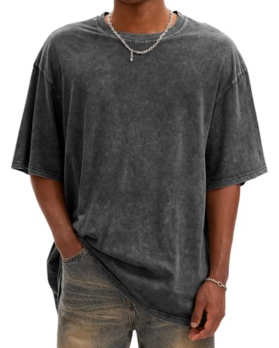 AugYew Oversized Acid Washed Tee T-Shirt Cotton Heavyweight Vintage Baggy Loose Fit Basic T Shirt for Men Women,Black,M
