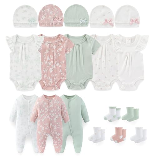 Image of falianni Baby Boy Girl Layette Set 18 Piece Infant Essentials Must Haves Clothes 0-9 Month Rompers+Bodysuits+Hats+Socks