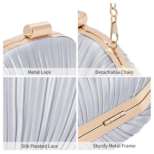 Image of RNIEGA Pleated Satin Seashell Evening Clutch Purse for Women Elegant Clutch Handbag Shoulder Bag with Chain for Wedding