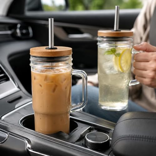 ALINK Glasbecher mit Henkel 2er Set, 24 oz / 710 ml Trinkgläser mit Bambusdeckel, 12 mm Edelstahl Strohhalm & Bürste, für Eiskaffee… – Ansicht 6