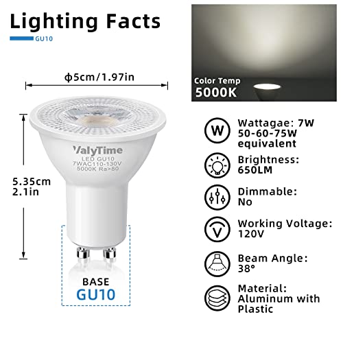Valytime GU10 LED Light Bulbs 7W (60W-75W Equivalent) GU10 Shape Halogen Replacement Bulb 38° 120V 650Lm Not-dimmable for Track Lighting Indoor Recessed Uses,Day White 5000K, 6 Pack by Valytime - Used condition - Image 2