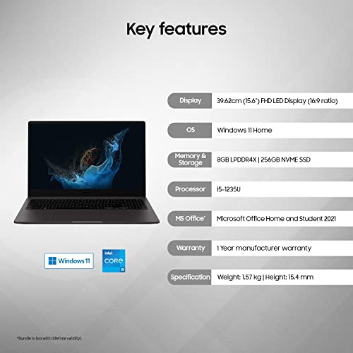 Image of Samsung Galaxy Book2 Intel 12th Gen core i5 39.6cm (15.6 inch) FHD LED Thin & Light Laptop (8 GB /256 GB SSD /Windows 11 /MS Office /Backlit Keyboard /Finger Print Reader /Graphite /1.57Kg), NP750XED-KB1IN