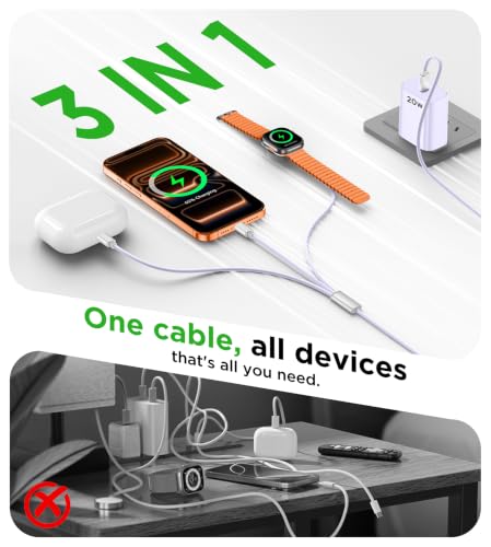 Image of Travel Essentials Multi Charging Cable with 20W Charger Block | 3 in 1 Type C /Lightning /Magnetic Charging Cable for Apple Watch Charger,iPhone Charger,Cruise Vacation Camping Essentials-4FT