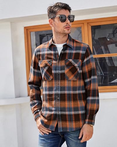 Image of WARHORSEE Flannel Shirt for Men Long Sleeve Button Down Plaid Shirts | Soft Cotton Blend for Multi-season Wear, Lightweight yet Warm, Dual buttoned storage pockets, Machine Washable Easy Care