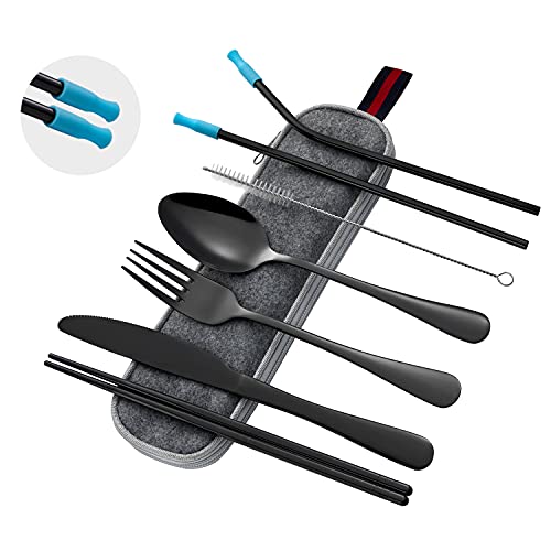 Travel Utensils Set with Case, pekifaves Stainless Steel Camping Utensils Service for 1, 8pcs Reusable Portable Utensils Set for Lunch Workplace Camping School Picnic (Glossy Black)