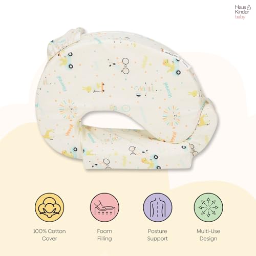 Image of haus & kinder Baby Feeding Pillow for New Born Baby, Breastfeeding & Nursing Pillow with Removable Cover, Posture Support with Pocket, Adjustable Strap, 0-24 Months (Animal Circus)
