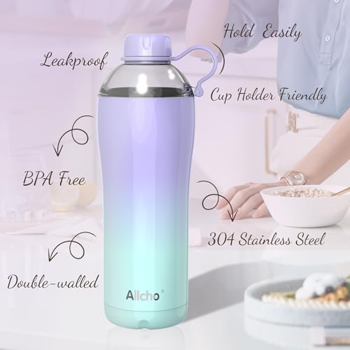 Image of Insulated Water Bottle for Women, 24 oz Stainless Steel Water Bottles, Double Walled, 2 Lids (Chug & Tumbler) - Hydrate & Caffeinate,Available Gift Wrapping
