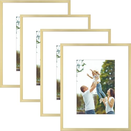 Golden State Art - 8x10 Metal Picture Frames with Mat for 5x7 Photo - Set of 4-8 x 10 Aluminum Photo Frame with Real Glass - Wall Decor or Tabletop Display - Modern Gold