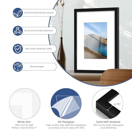 Image of PEALSN 9x12 Picture Frame Set of 6, Display Pictures 6x8 with Mat or 9x12 without Mat for Wall Mounting or Table Top Display, Photo Frames Collage for Wall Decor, Black