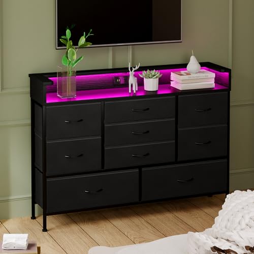 image for Fixwal Black LED Dresser, Dresser with 9 Drawers and Charging Station,