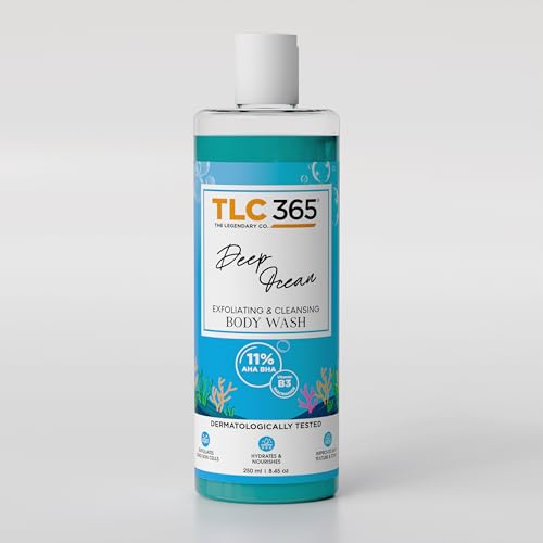 TLC365 11% AHA BHA Body Wash Shower Gel (Deep Ocean) 250ml | Lactic Acid, Glycolic Acid and Salicylic Acid | Removes Dead Skin, Fights Acne, Unclog Pores