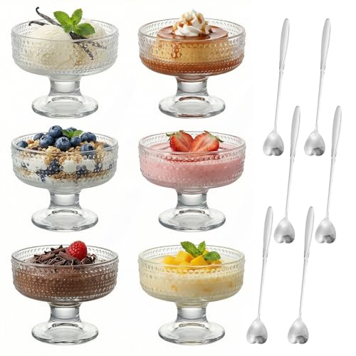 Confezione da 6 ciotole da dessert in vetro, per gelato, gamberi, cocktail, bicchieri da cocktail con perline luminose, con 6 cucchiai argentati a forma di cuore con manico lungo, per insalata, yogurt