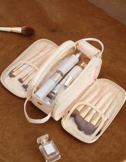 Image of Deluxe Double-Layer Travel Makeup Bag with Brush Organizer and Hanging Hook - Large Capacity for Creams, Cosmetics, and Essentials - Perfect for Women & Girls