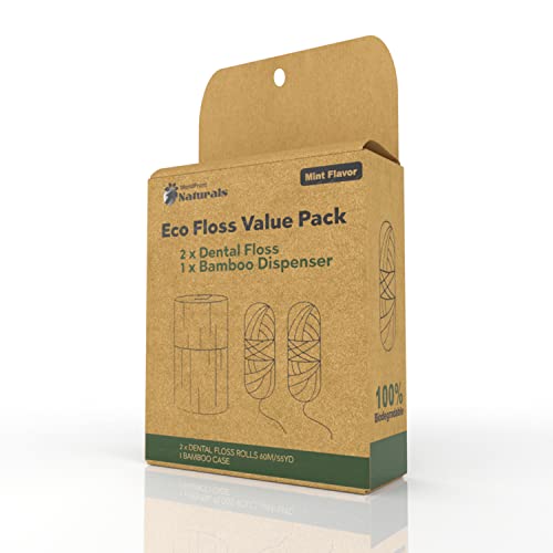 Eco-Friendly Silk Dental Floss W/ Refillable Bamboo Dispenser - 2X55 Yards, Mint Flavor, Reduce Plastic Waste #TOP3
