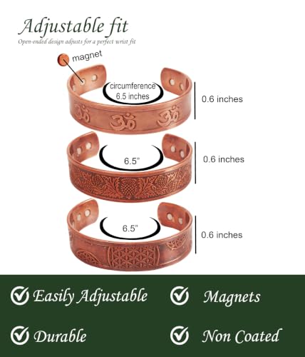 Image of Touchstone copper bracelets | gift for men women |adjustable 100% pure solid real magnetic jewelry | handmade bracelet set combo | celtic om inscribed tibetan bangles. Set of 3 different designs