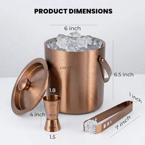 Image of O' Holic by Perch Ice Bucket Trio Stainless Steel - Double Wall Ice Bucket 1.5 Litre with Lid, Ice Tongs & 30 /60 ml Jigger | Insulated Cocktail Barware for Home, Parties & Gifting|Rose Gold