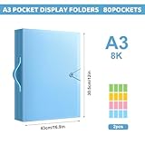 A3 40 Pocket Display Book Folder Presentation FolderPortfolio (80 Views) Certificate FolderProject Book Folderwith Plastic Sleeves Plastic Wallets for Document Painting Artwork Portfolio - Blue - Image 2
