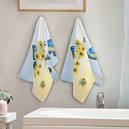 Sunflower Butterfly Hand Towel Blue Yellow Floral Flower Towel Set Of 2, Watercolor Animal Plant Larger Fingertip Towel For Bathroom Kitchen Thanksgiving Day Gift Girl #TOP4