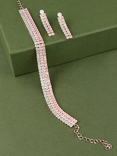 Image of Ami Green and Pink Dazzling Cubic Zirconia Party Bling Necklace and Earring Set For Women-ZPFK19696