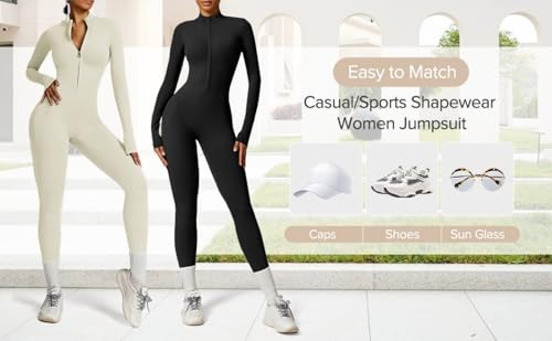 Yaaapiy Damen Sport Jumpsuit Lang Eng Yoga Overall Langarm V-Ausschnitt Playsuits mit Reißverschluss Jogging Strampler Hosenanzug Trainingsanzug (nero, M)