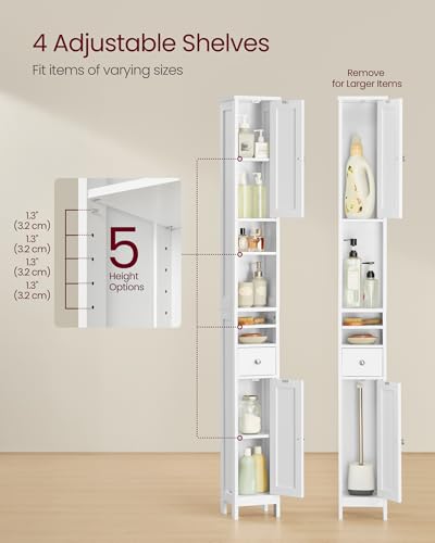 Image of VASAGLE Tall Storage Cabinet, Slim Freestanding Floor Cabinet with Adjustable Shelves, Drawer, Open Compartments, for Small Spaces, Bathroom, Living Room, Modern, Cloud White UBBC765W01