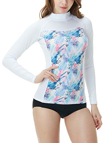 TSLA Women's UPF 50+ Rash Guard Long Sleeve, Water Beach Surf Swim Shirts, UV/Sun Protection Swimwear, Body Print(fsr46) - Nature White, Small