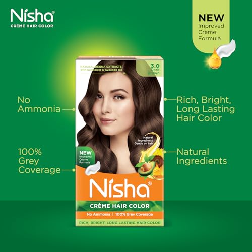 Image of Nisha Creme Hair Colour 3 DARK BROWN (60gm + 60ml + 18ml Nisha Conditioner with Natural Herbs 100% Grey Hair Coverage) Pack of 2