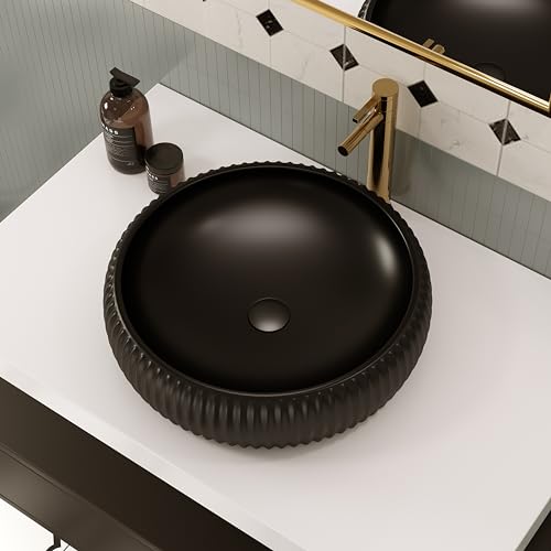 ELLAI Fregadero redondo para baño, lavabo sobre encimera, fregadero de porcelana y cerámica, negro mate con drenaje emergente, 41.5 x 12.9 cm