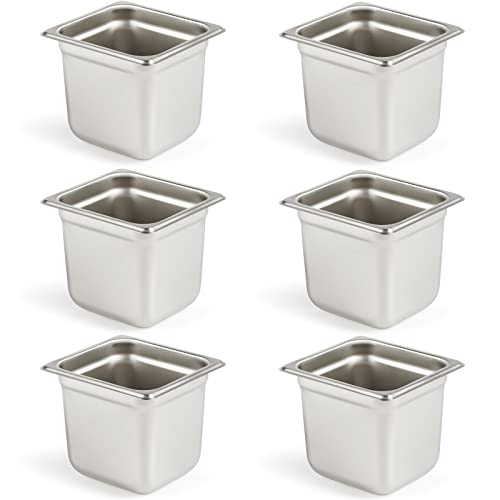 CURTA Confezione da 6 padelle anti-inceppamento, 1/6 dimensioni 6 pollici di profondità, NSF Commercial 18/8 in acciaio inox per scaldare vapore, vaschetta per alimenti in metallo