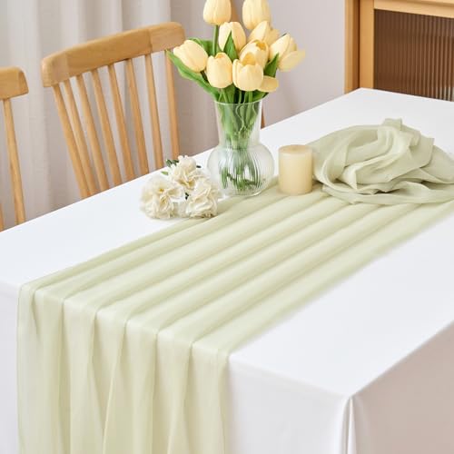 CHUQING Chiffon Tischläufer Hochzeit Tischdeko Stoff Tischdecke Sanftbeige – Ansicht 5