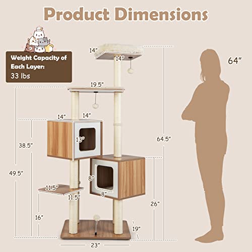 Tangkula Modern Cat Tree For Indoor Cats, 64.5 Inch Tall Cat Tower With Sisal Scratching Posts, Washable Cushions, Top Perch, 3 Jingling Balls, 2 Cat Condos, Wooden Cat Tree For Large Cat #TOP3