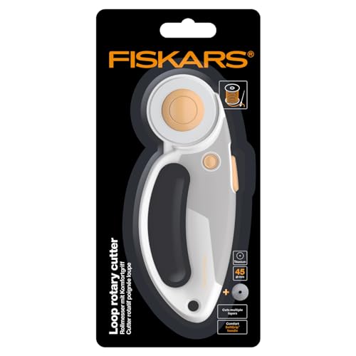 Fiskars Cúter rotatorio de titanio, Cúter giratorio con mango de bucle, Para diestros y zurdos, Diámetro de la hoja: 45 mm, Naranja/Blanco/Gris, 1066047