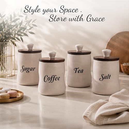 Image of Ceramic Tea Coffee Sugar Salt Containers Set of 4 with Wooden Lids | Jar and Container for Kitchen Storage Set | Multi Utility Air Tight Kitchen Organizer Items (Hand-Painted, 330 ML)