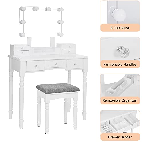 Anwbroad Makeup Vanity Desk Vanity Set With Lighted Mirror Makeup Vanity Desk Table Set Large 8 Led Bulbs Frameless Mirror 3 Colors Modes Dimming Cushioned Stool 7 Drawers 3 Dividers White Ubdt03W #TOP3