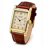 ERIKSEN Mens Retro Rectangular Dress Watch, Gold-Tone Case, Brown Leather Strap, Japanese Quartz Analog Movement MCG