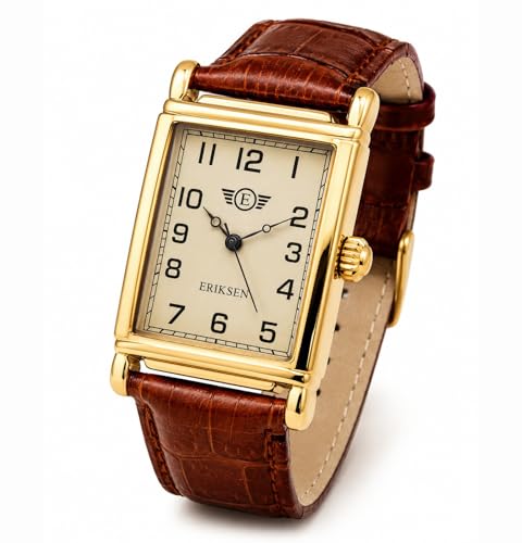 Image of ERIKSEN Mens Retro Rectangular Dress Watch, Gold-Tone Case, Brown Leather Strap, Japanese Quartz Analog Movement MCG