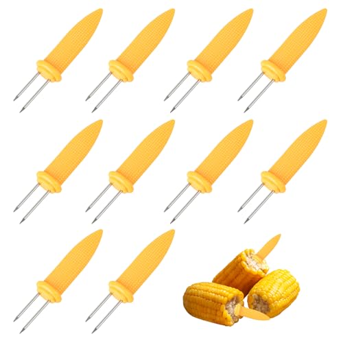 BigKego Pack of 10 Corn Holders Large Stainless Steel Corn Holder 9 cm Corn Cob Forks Corn Piekser Fruit Forks Corn Cob Skewers Barbecue Accessories for Party Picnic Camping BBQ Food Festival